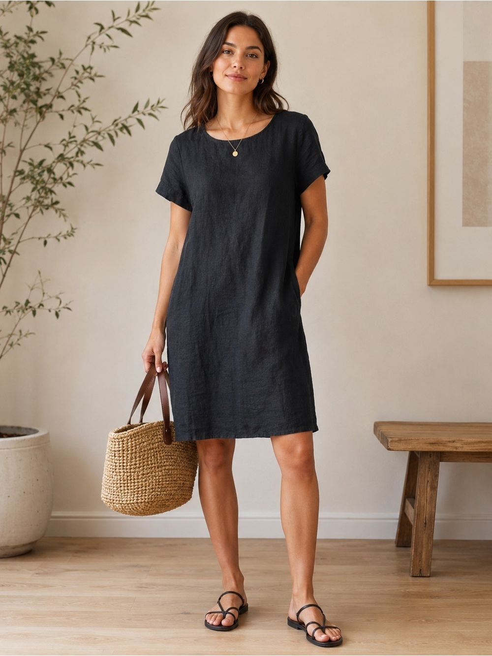 Standard James Perse black 100% linen short sleeve dress. Size: 1